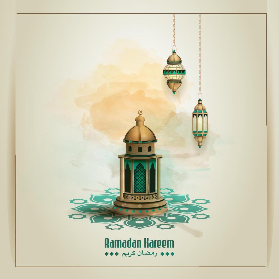 islamic greetings ramadan kareem card design with golden lanterns vector