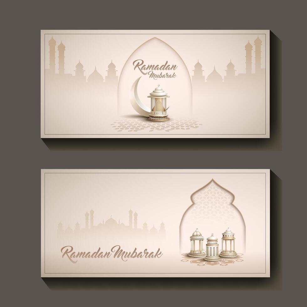 set of islamic greetings ramadan mubarak card banner design with lanterns and crescent vector