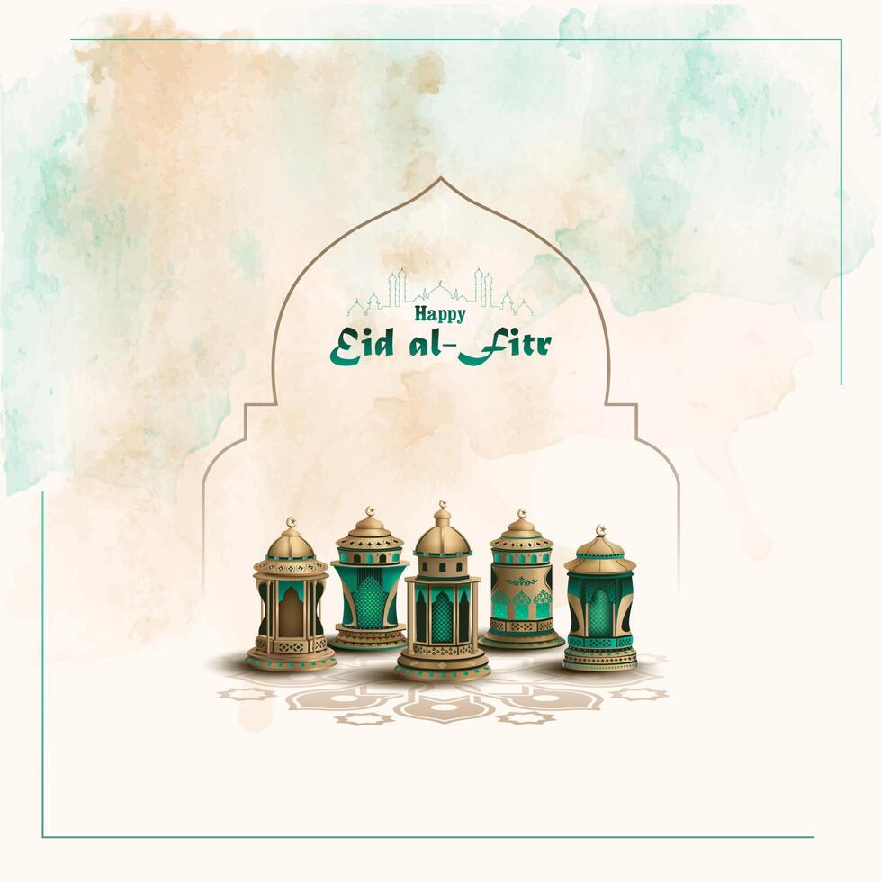 Islamic greetings eid al fitr card design with beautiful lanterns vector