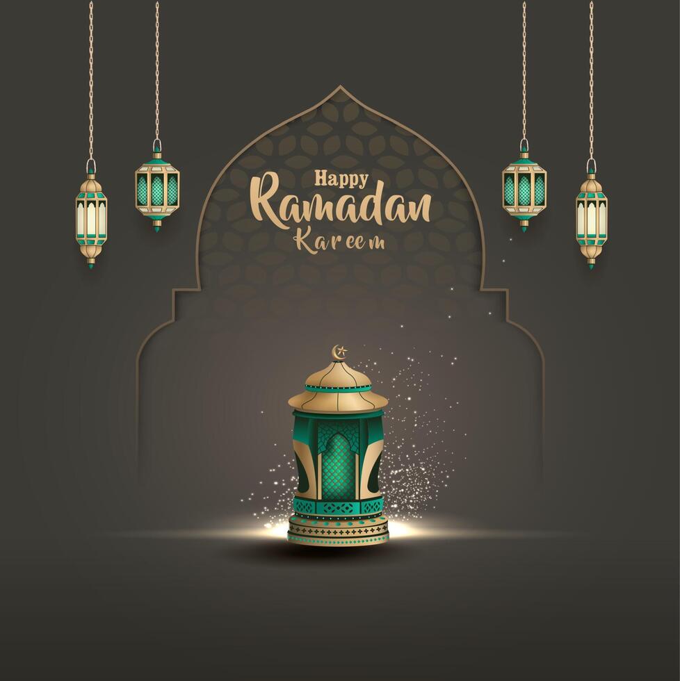 islamic greetings ramadan kareem card design with beautiful lanterns vector