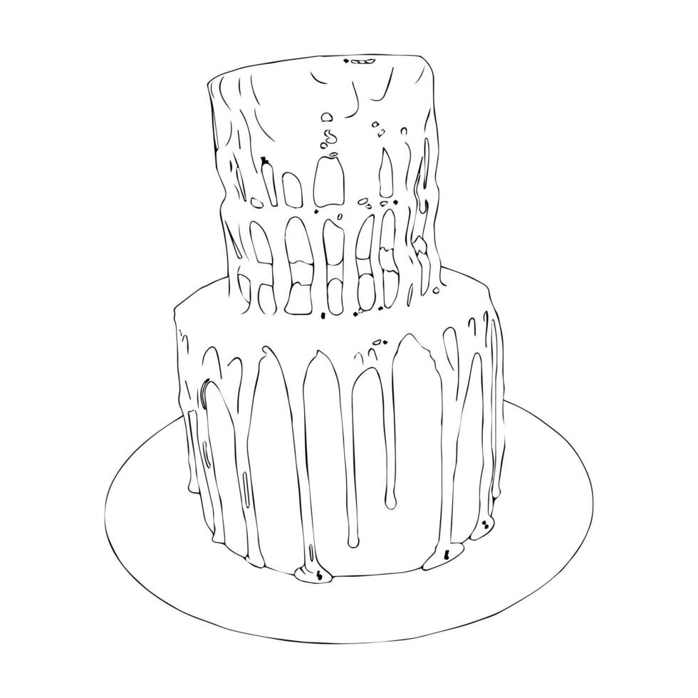 Three-tier cake decorated with chocolate candies, sprinkles, and almonds. illustration in doodle style isolated on white background. vector