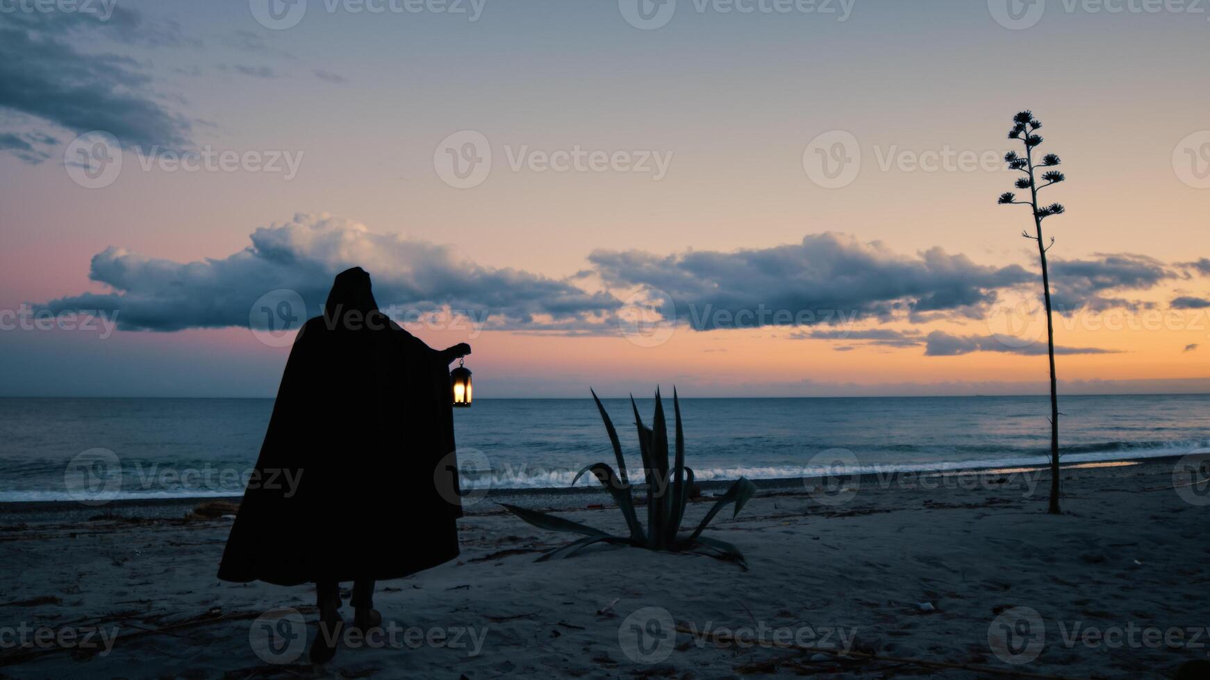 Shadowy Monk Seeks Secrets by the Sea photo