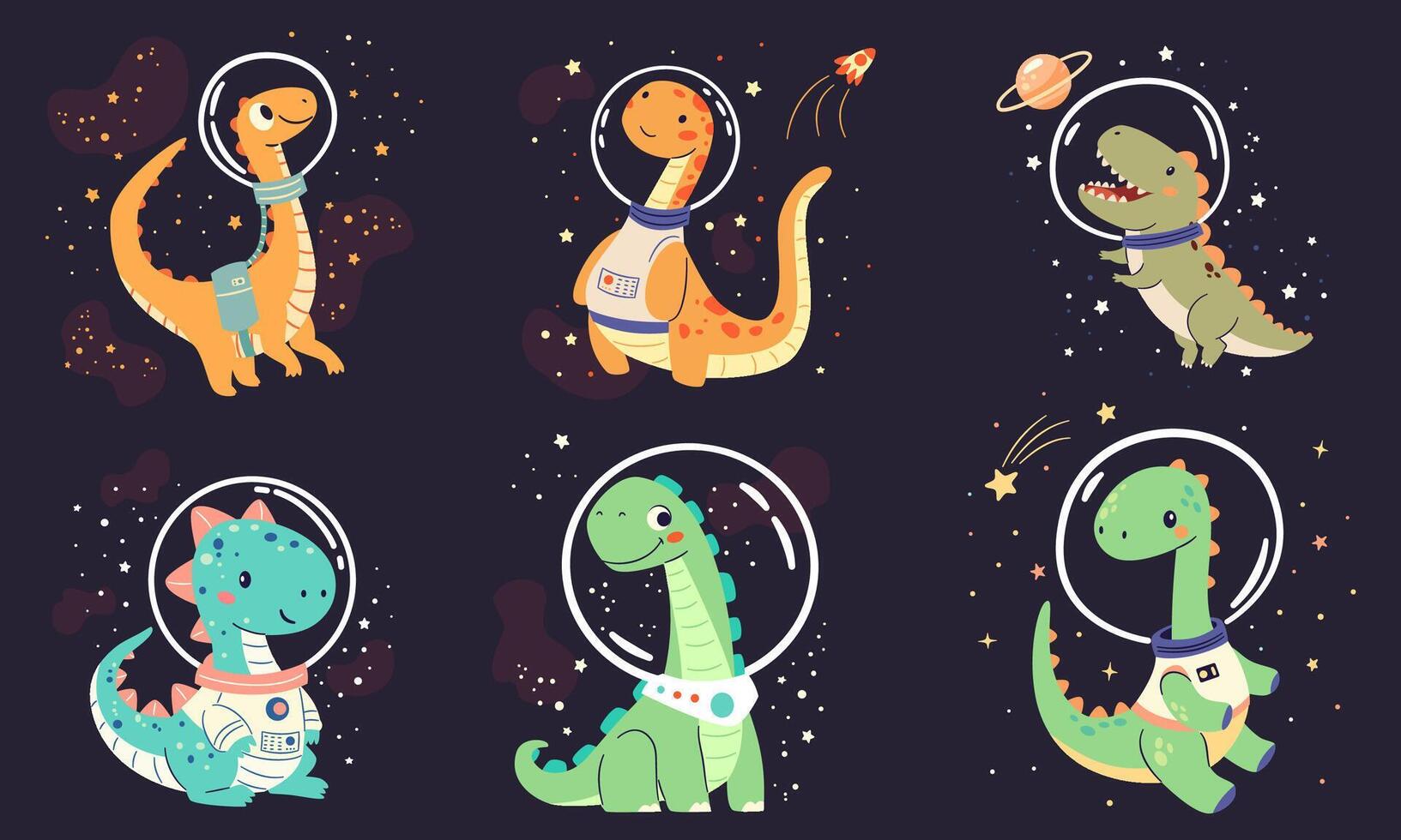 Set of flat illustrations in children's simple style. Cute dinosaurs in spacesuits flying in space vector