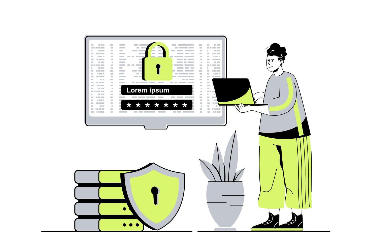 Cyber security web concept with flat cartoon people for website design. Man getting access to personal internet account using password shield and online encryption secure system. illustration. vector