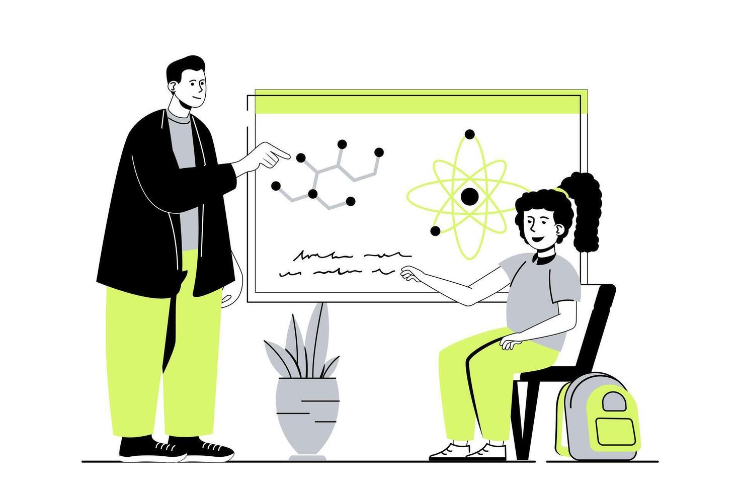 School learning web concept with flat cartoon people for website design. Teenage girl studying in classroom lesson, teacher explaining molecular formulas near class blackboard. illustration. vector