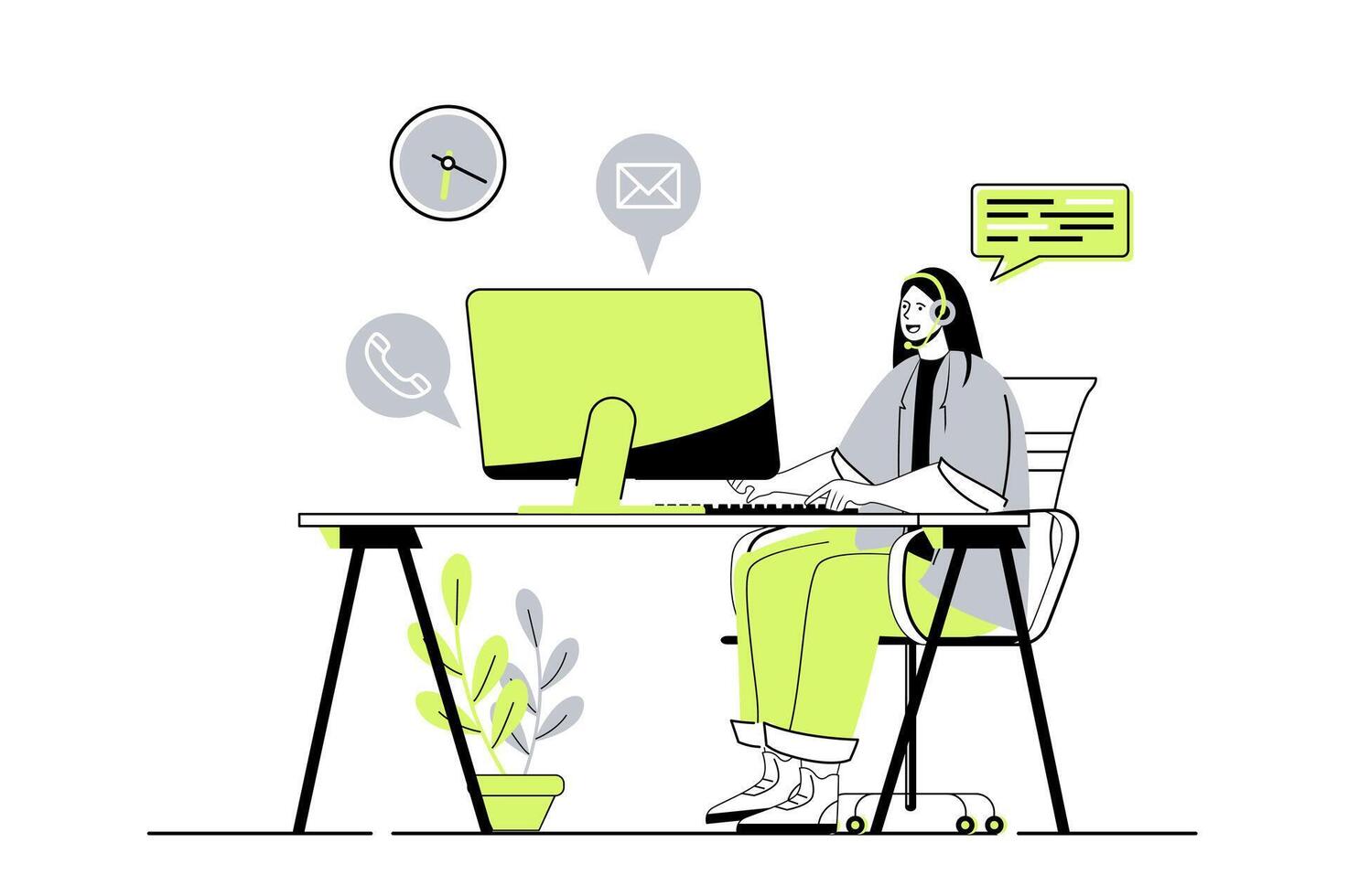 Customer service web concept with flat cartoon people for website design. Call center operator in headphones talking with clients, speaking and consulting, getting feedback. illustration. vector