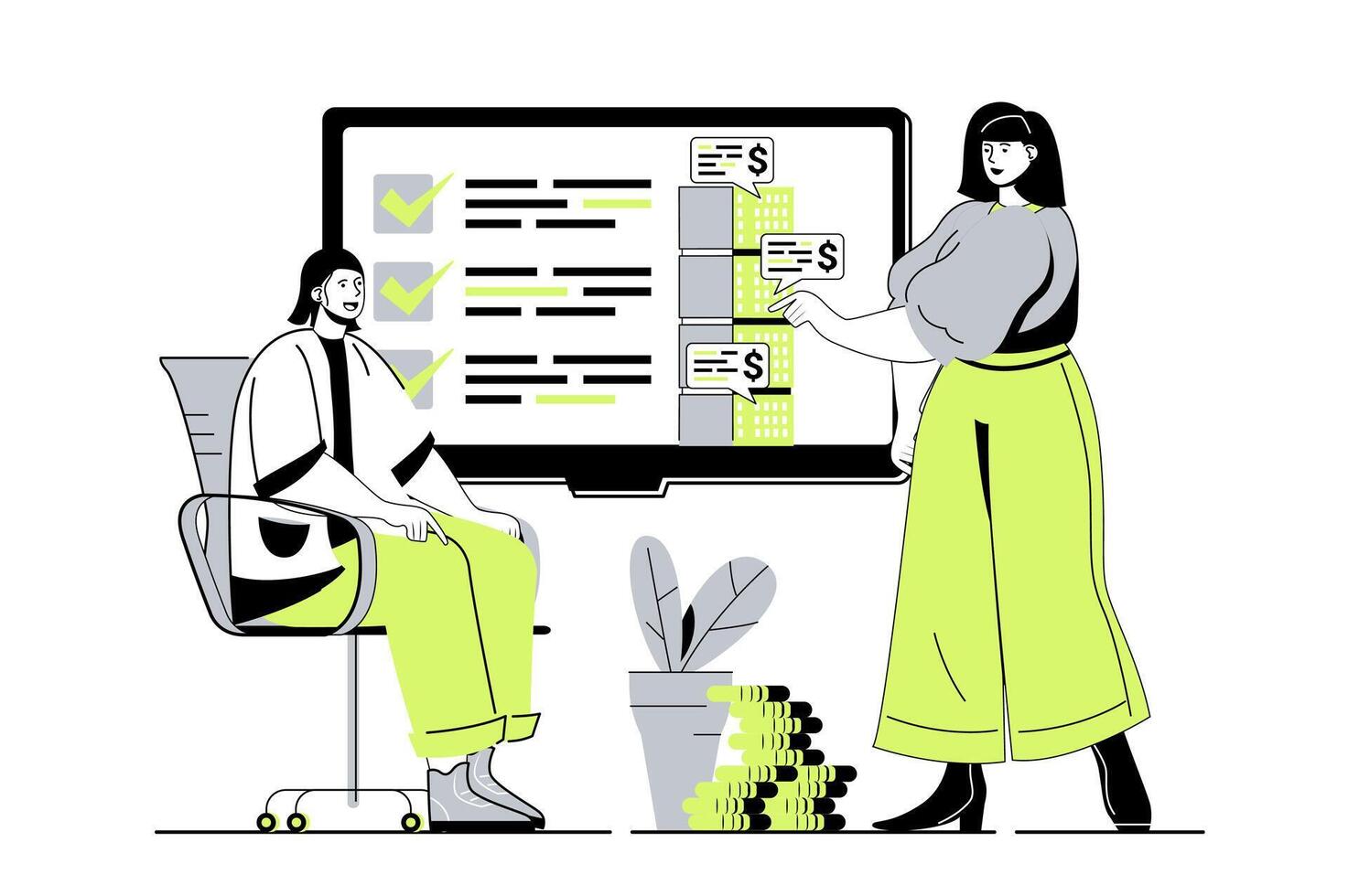 Real estate web concept with flat cartoon people for website design. Man and woman choosing new apartments for rent or house for buying, discussing housing projects with broker. illustration. vector