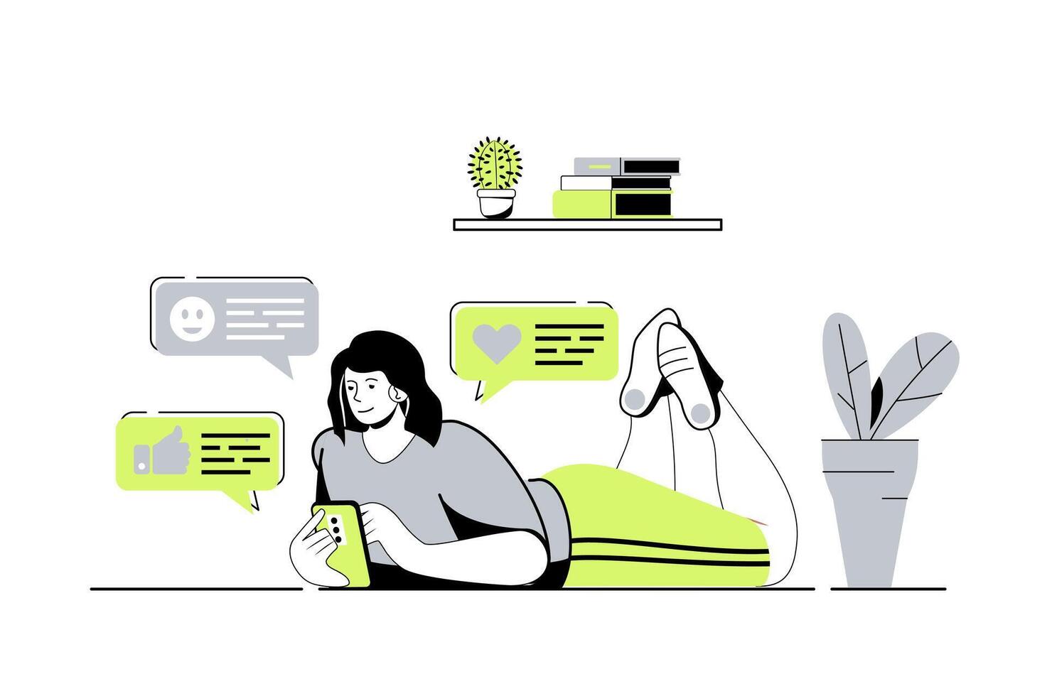 Social network web concept with flat cartoon people for website design. Woman chatting and messaging in mobile app, browsing news feed, making posts and likes, leaving comments. illustration. vector