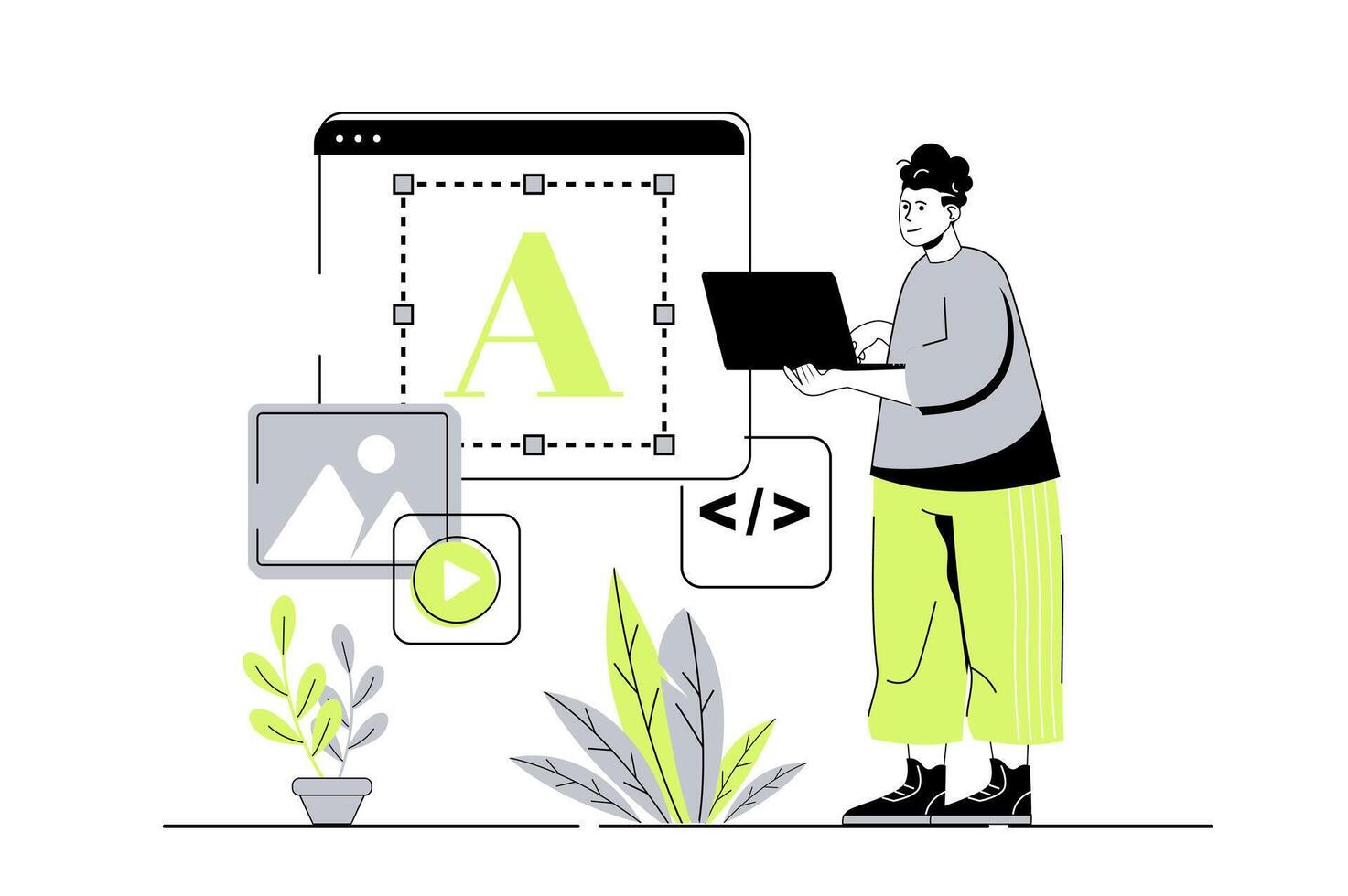Web design concept with flat cartoon people for website design. Man creating responsive site layouts, adding videos, images and graphic elements and navigation buttons at page. illustration. vector