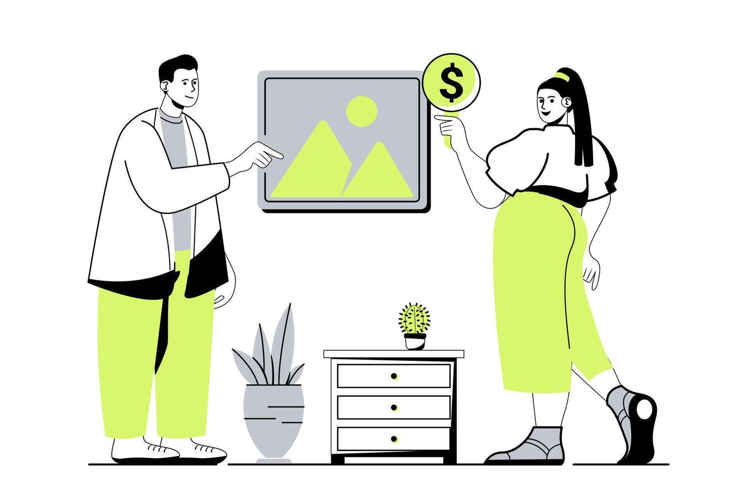 Auction business web concept with flat cartoon people for website design. Auctioneer selling art painting at gallery, woman collector bidding her price to lot for buying picture. illustration. vector