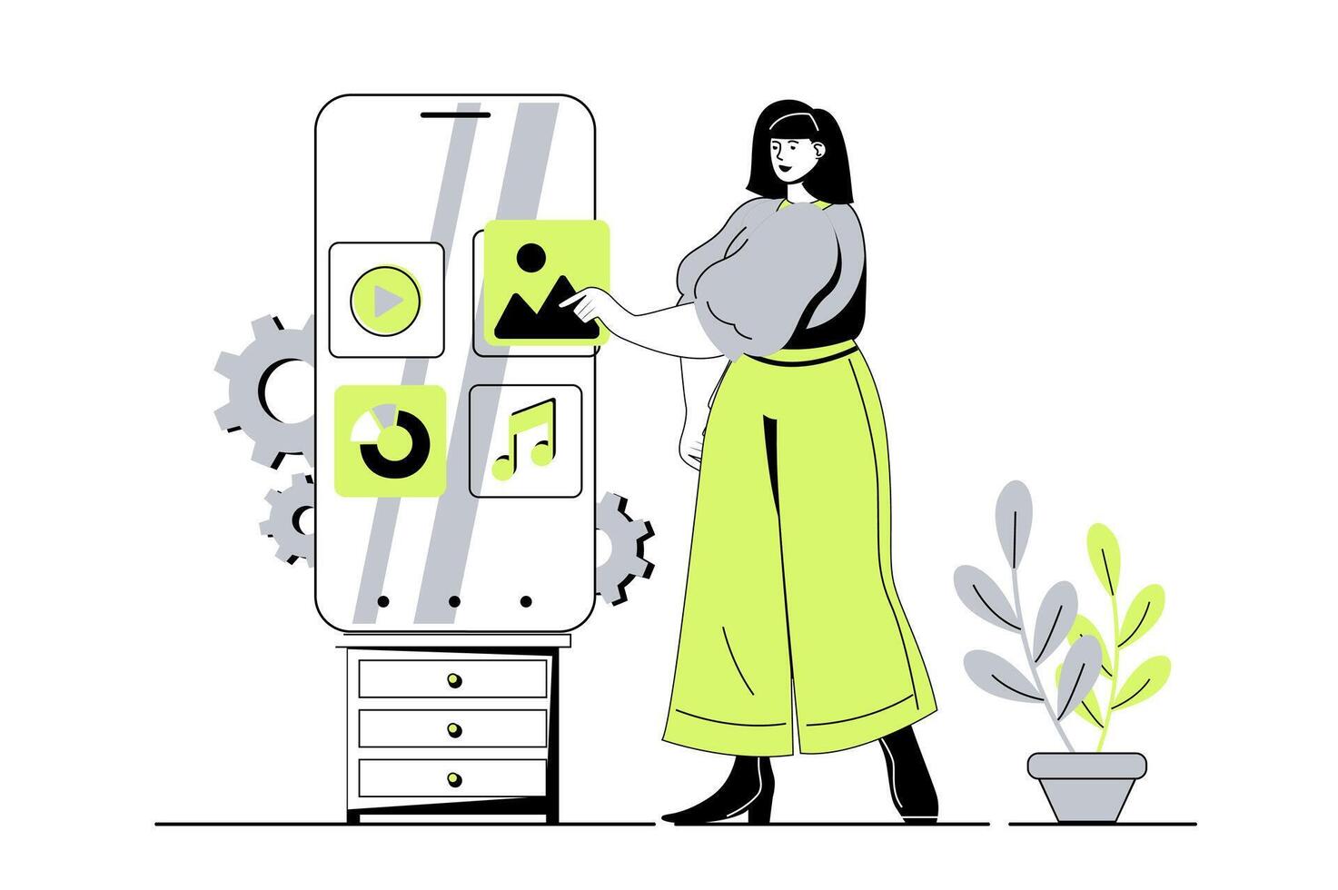 Content manager web concept with flat cartoon people for website design. Woman filling mobile site with , audio and graphic content, making data analysis and planning posts. illustration. vector