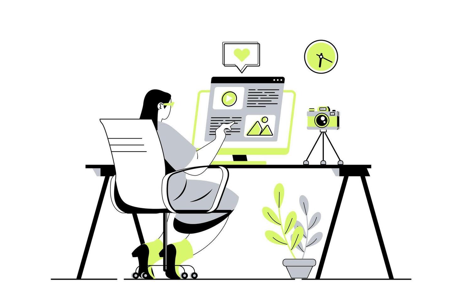 Blogging web concept with flat cartoon people for website design. Woman work as blogger, writing article and making new informational posts in blog, communicating with followers. illustration. vector