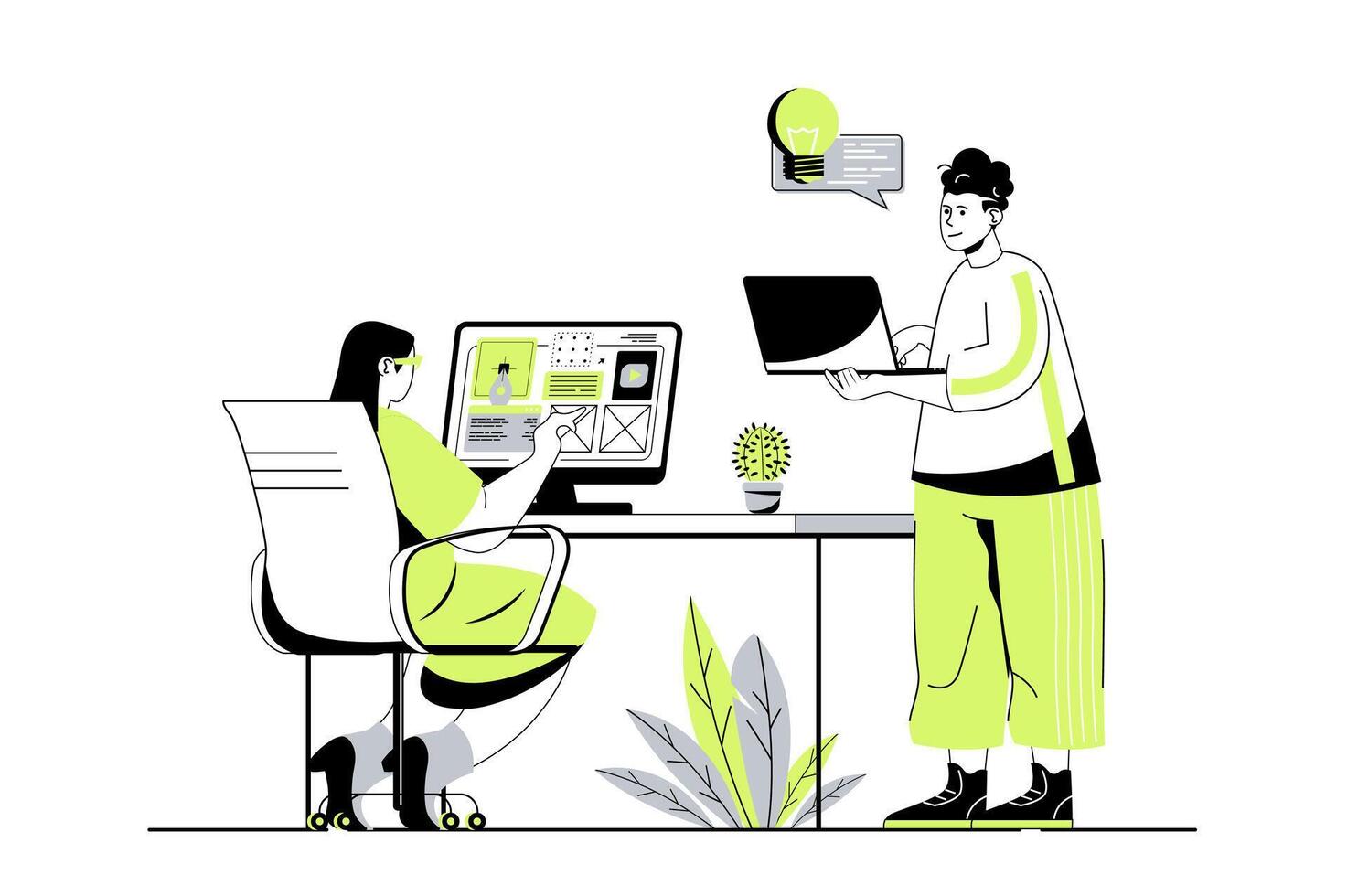 Designer studio web concept with flat cartoon people for website design. Woman and man creating website layouts and drawing graphic elements, generating new ideas and visuals. illustration. vector
