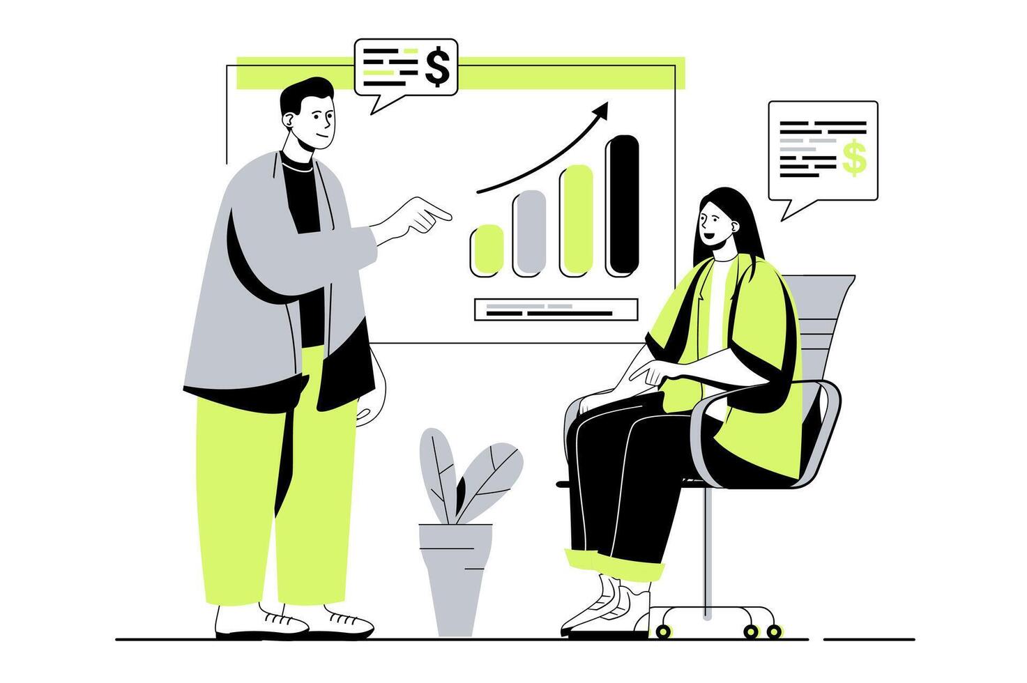 Business meeting web concept with flat cartoon people for website design. Man and woman discussing work tasks and financial report with presentation, planning marketing strategy. illustration. vector