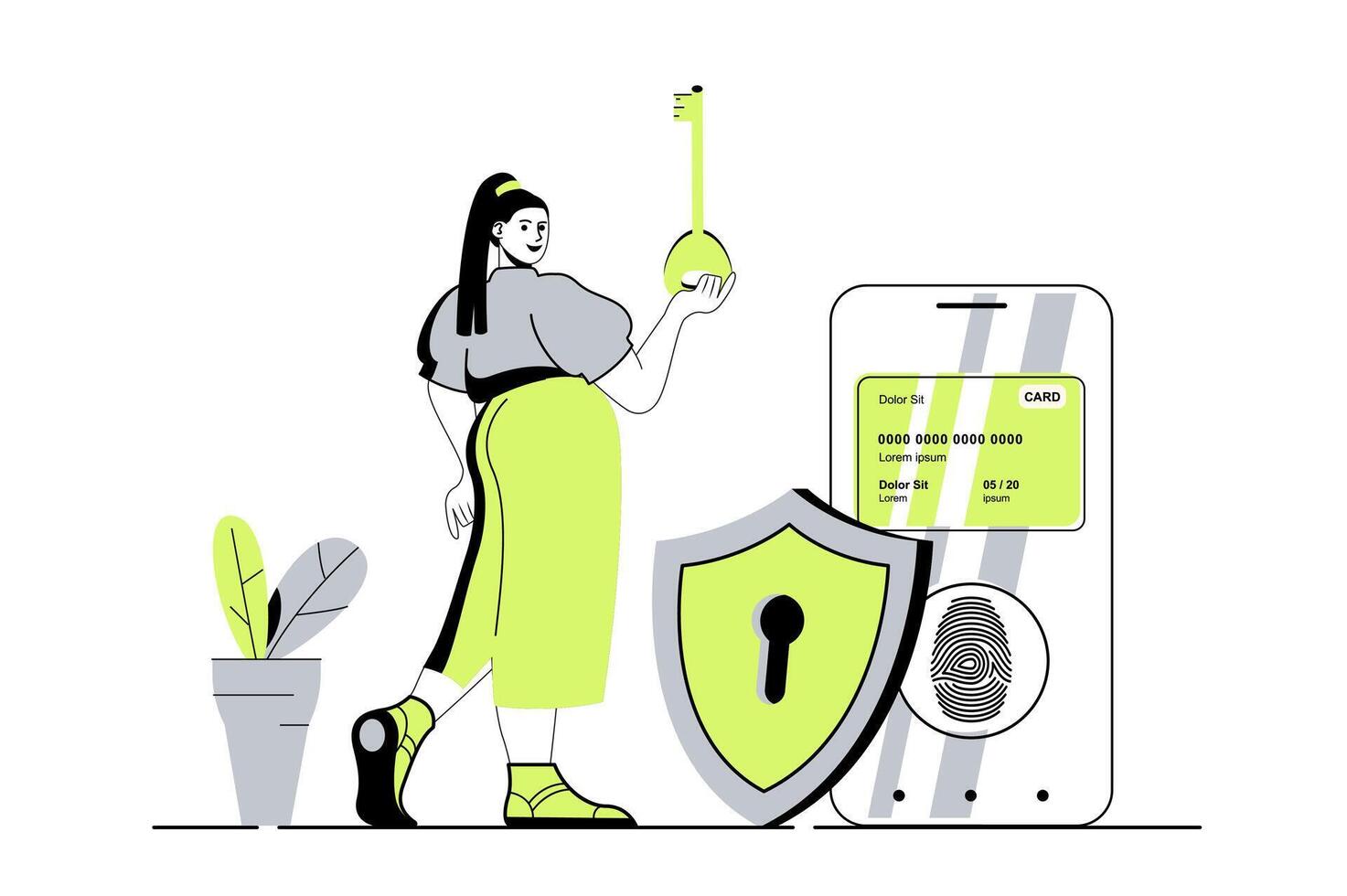 Secure payment web concept with flat cartoon people for website design. Woman paying for purchases with credit card and protection service with fingerprint scan and personal key. illustration. vector