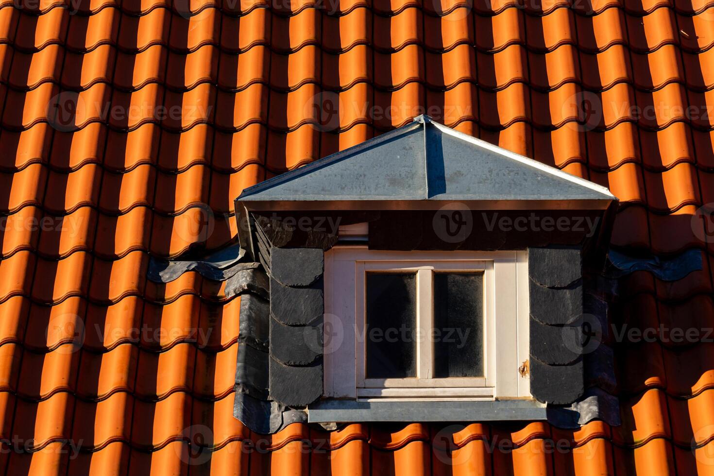 Tiled roof with small dormer window under sunlight in daylight photo