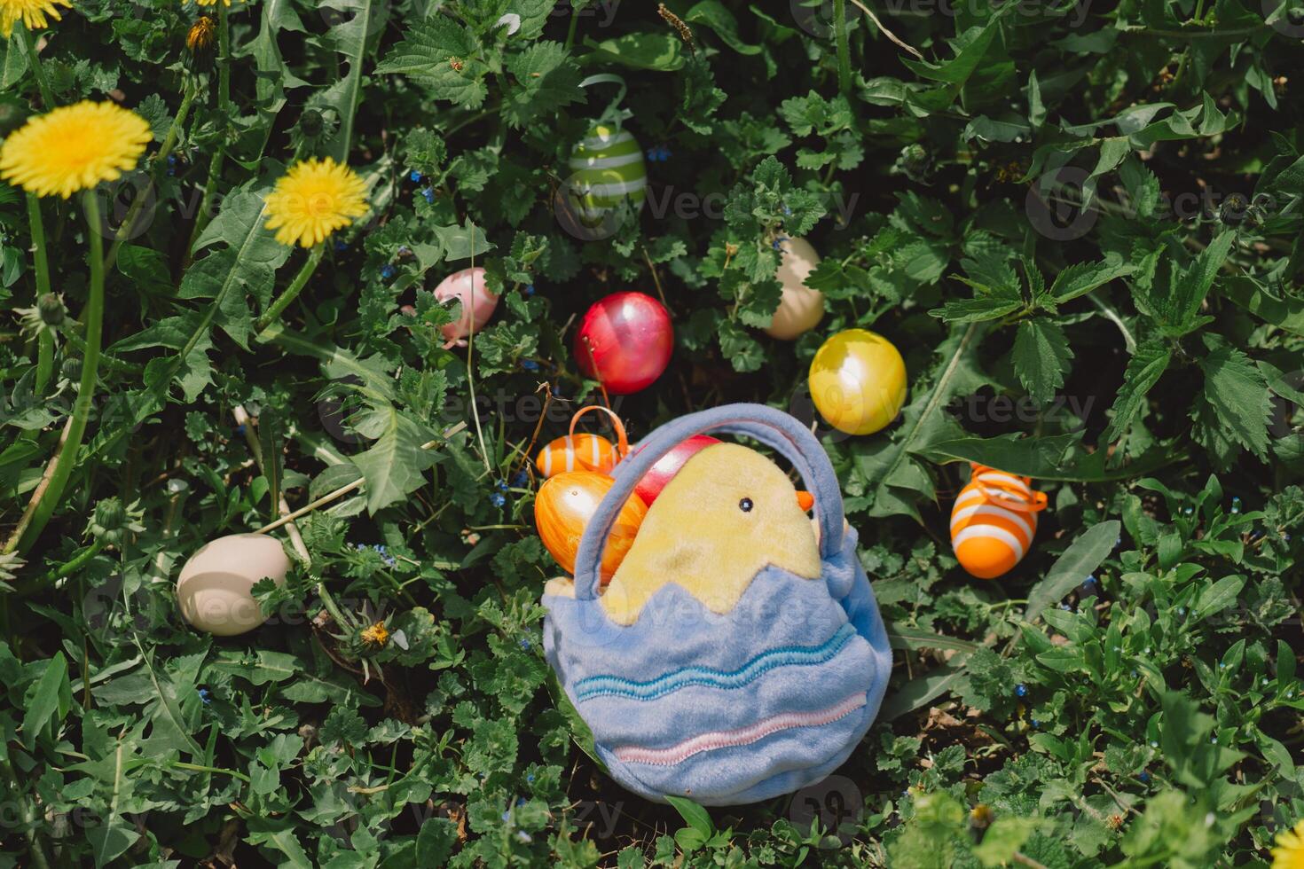 A basket of colorful Easter eggs. Hunting for Easter eggs photo