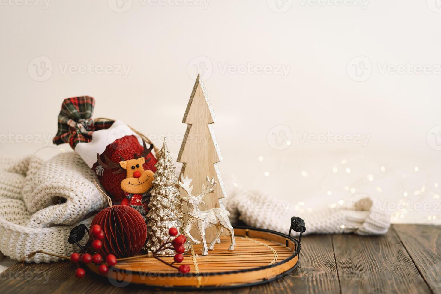 Happy New Years. Christmas background with fir tree, cones and Christmas decorations. photo