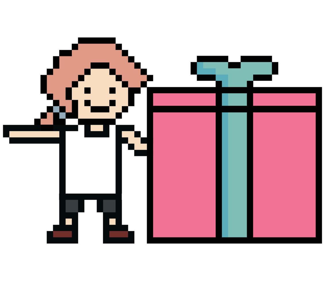 Smile face of woman female girl or lady cute with gift box cartoon 8 bit. vector