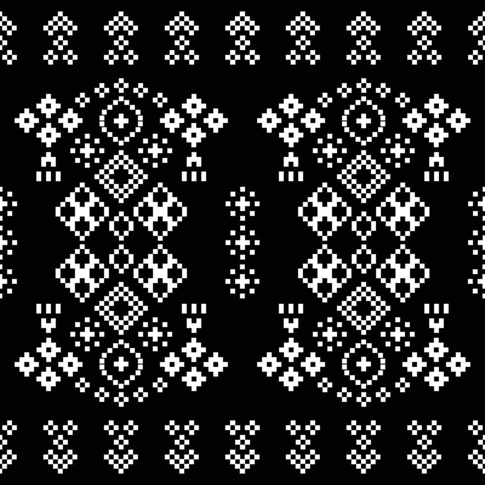 Pixel art cross stitch black color background wallpaper ethnic pattern design. vector