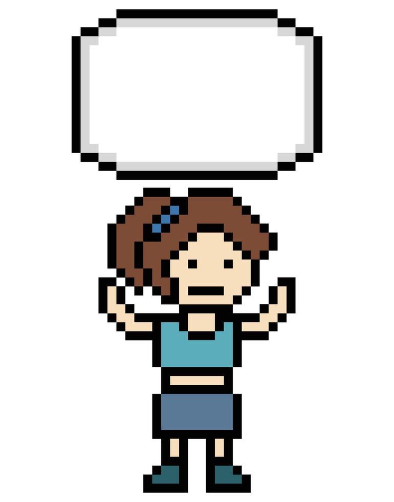 8-bit design cartoon girl woman lady or female and blank chat box cute pixel art. vector