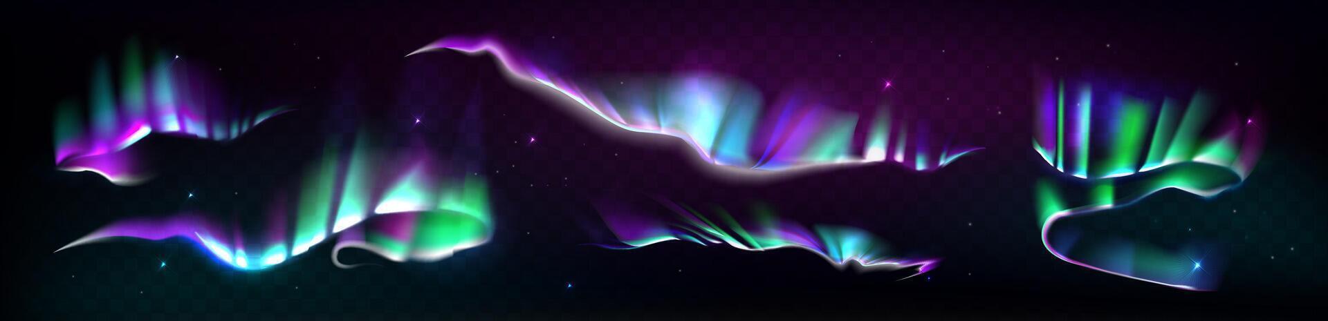 Abstract northern lights effect set. Multi-colored decorative glowing floating shapes on a dark background. Collection gradient holographik shapes vector