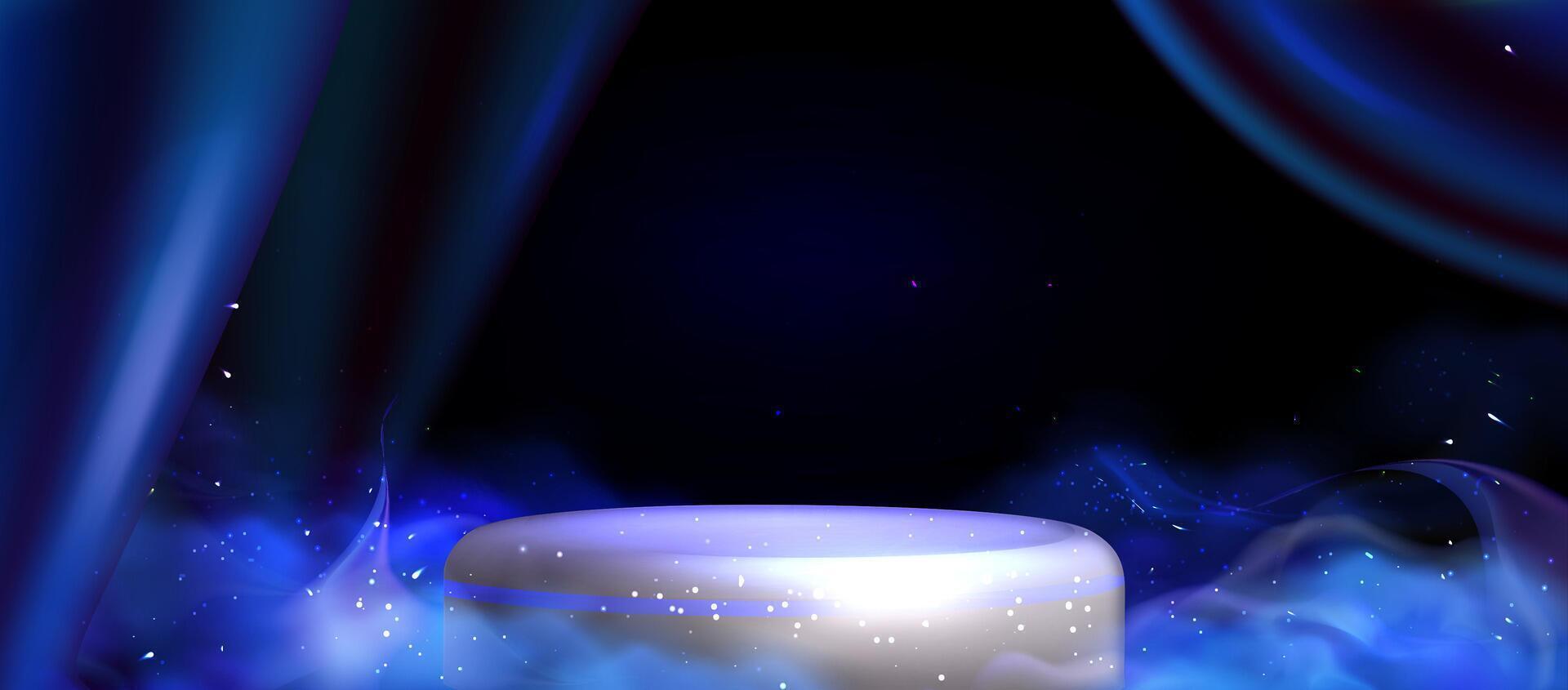3d metal silver podium award with luxurious blue silk draperies for interior decoration. Blue Smoke background with neon particles on the a dark background vector
