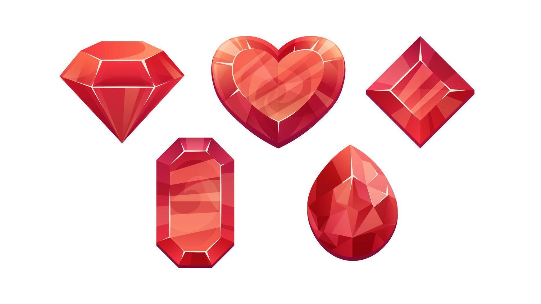 Set of gem ruby in different shapes. Heart shaped ruby, gemstone in red color. UI icons for games vector