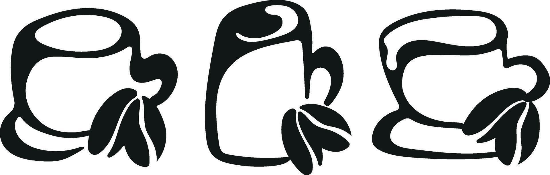 set with black and white logos of various coffee cups of different shapes with coffee beans next to them drawn with an unusual outline vector