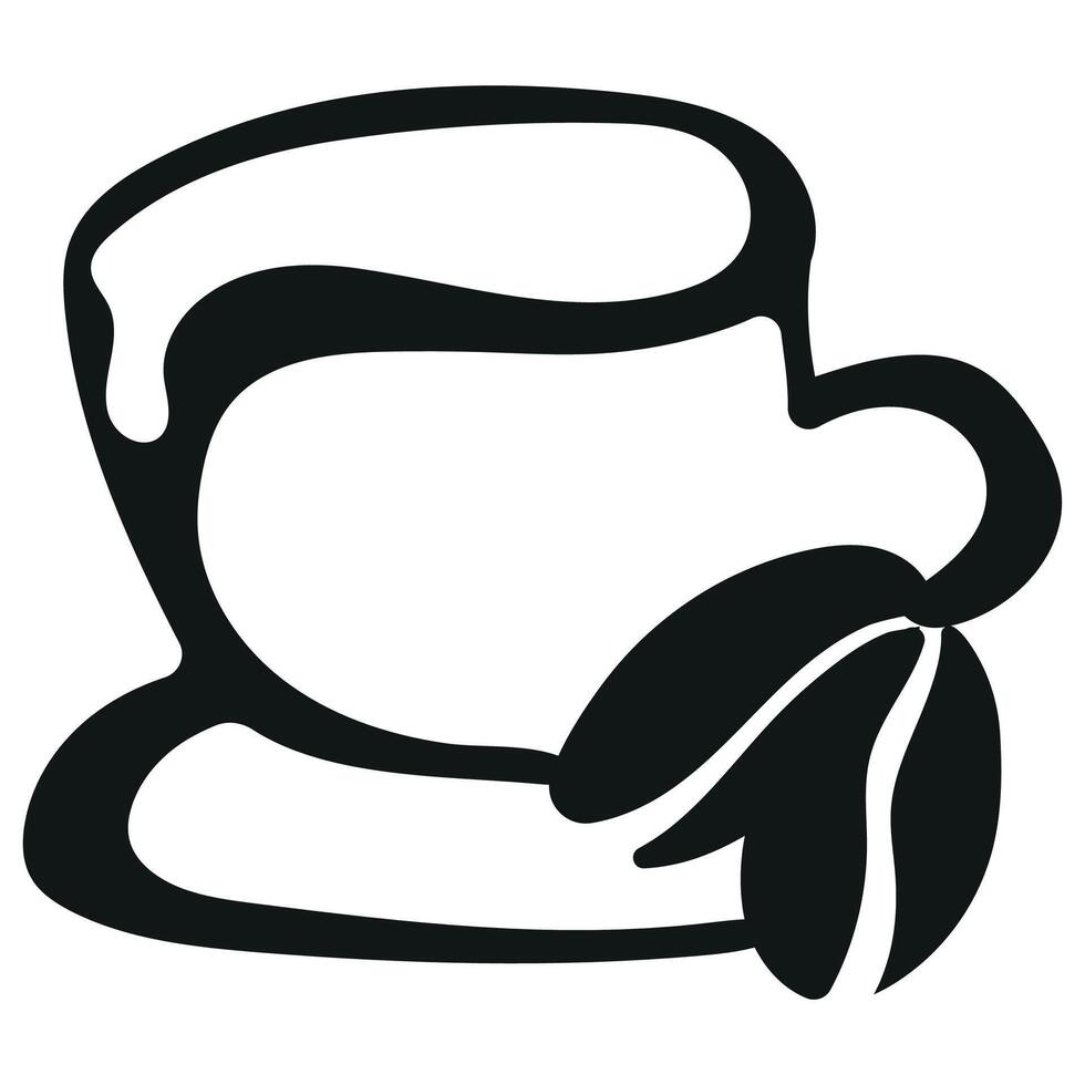 black and white logo of a cup with a saucer with coffee and coffee beans next to it drawn with an original and unusual outline vector