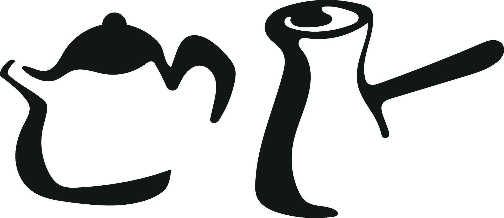 set with the logos of various teapots and Turks for brewing coffee drawn with an unusual outline vector