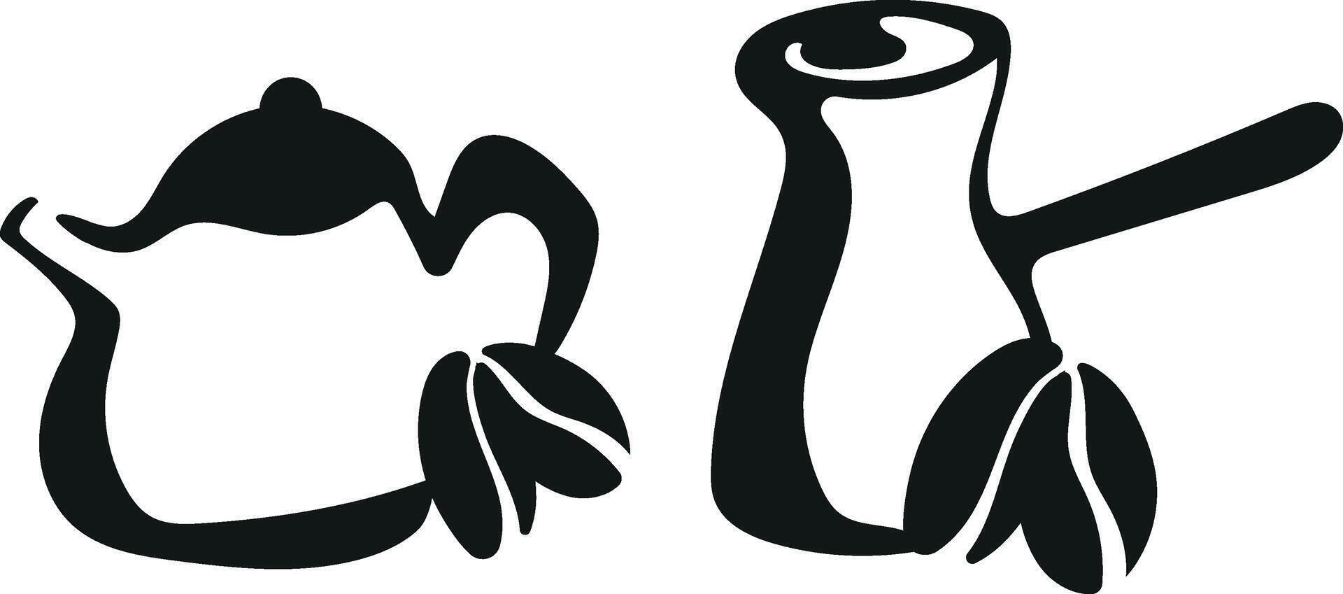 set with black and white logos of various teapots and coffee mugs with coffee beans next to them drawn with an unusual outline vector