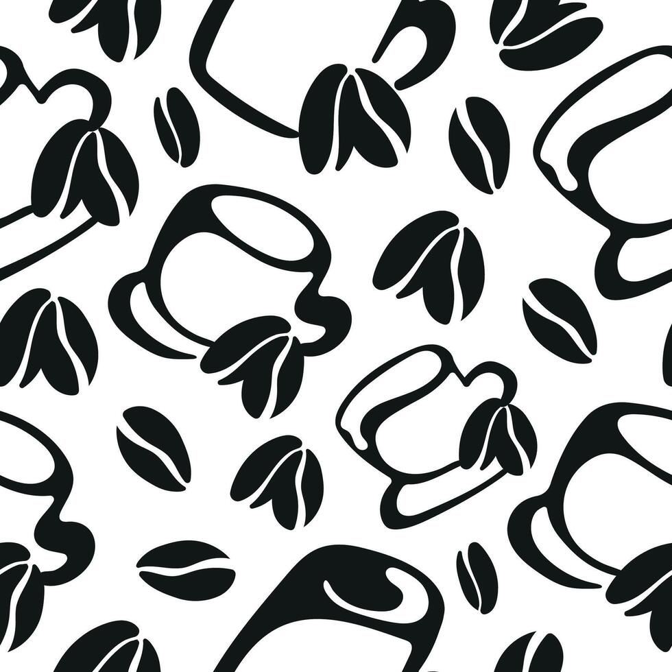 seamless pattern with various coffee cups of different sizes and different shapes and coffee beans placed randomly, for different packaging, textile or design vector