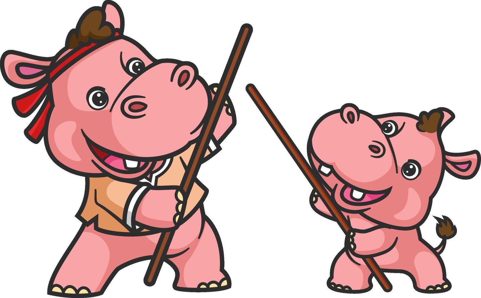 cartoon hippo and baby hippo doing stick sport activity together vector