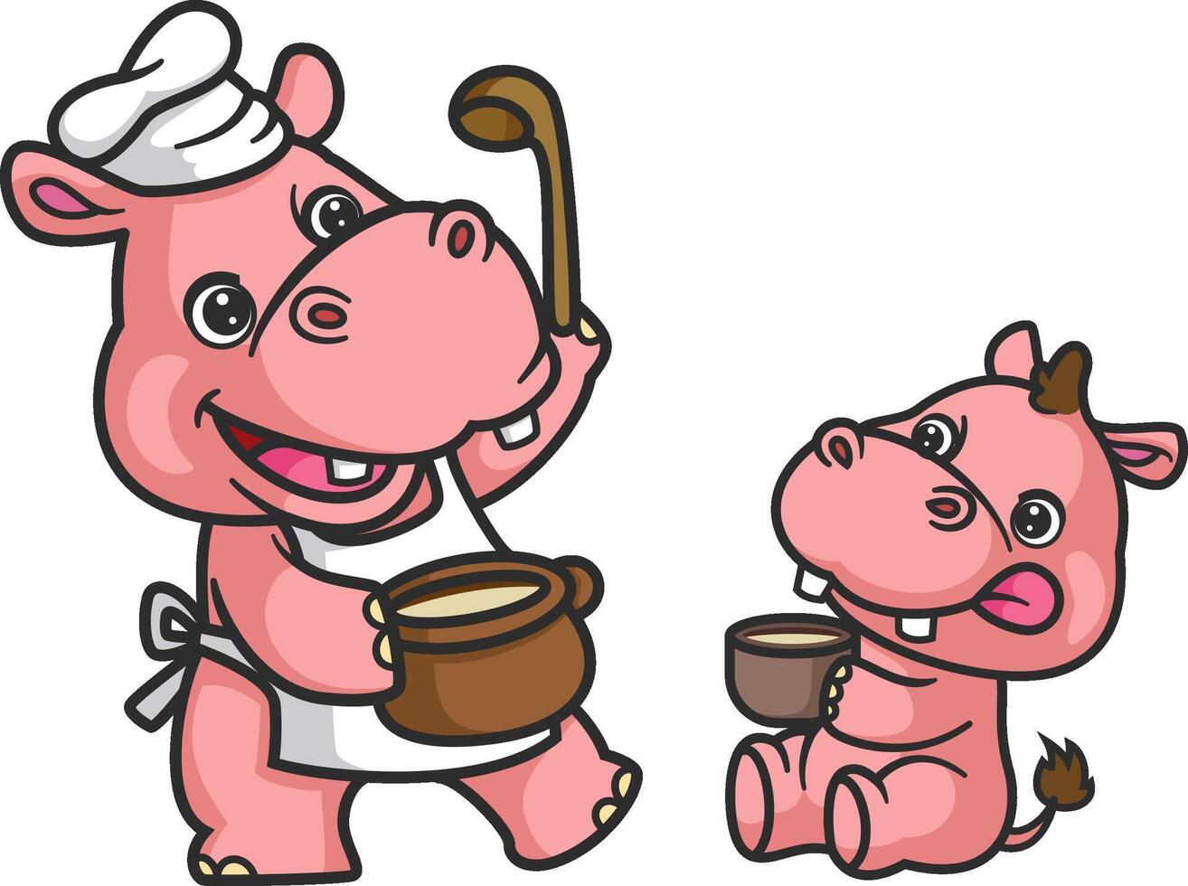 cartoon hippo and baby hippo cooking vector
