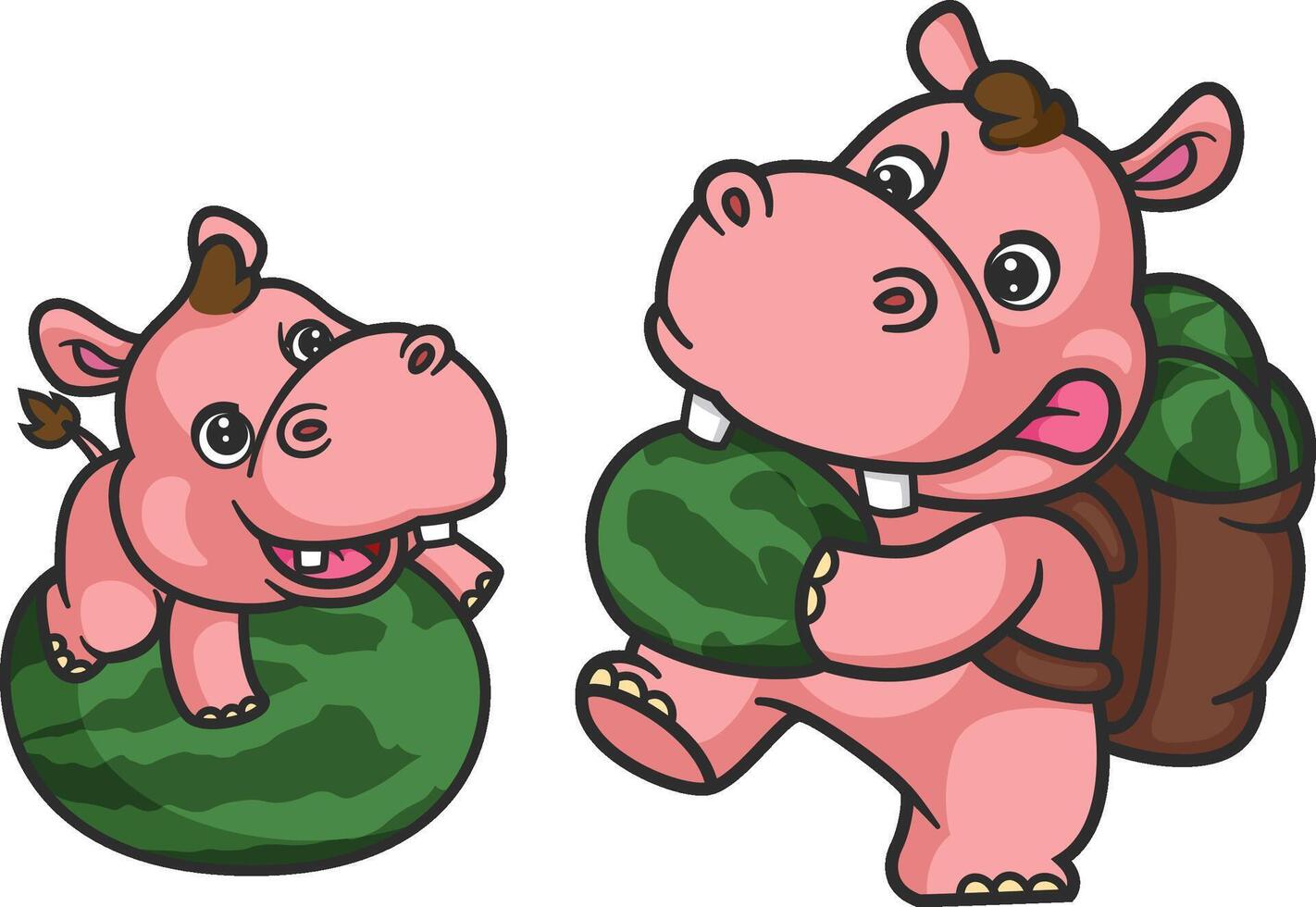 cartoon hippo and baby hippo carrying watermelon from harvest vector