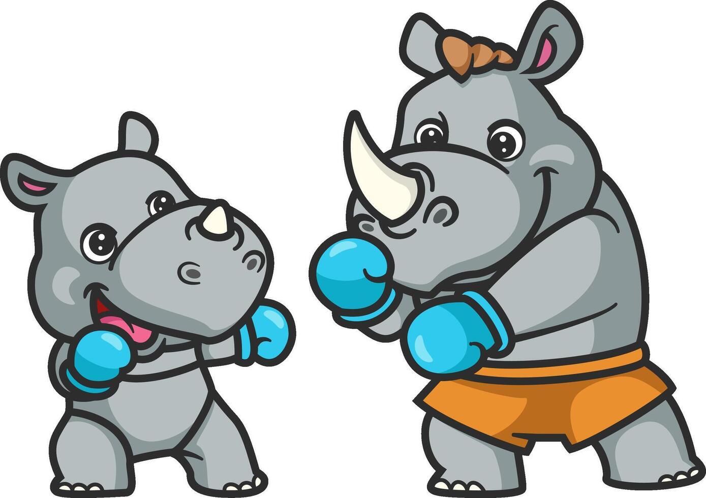 cartoon rhino and baby rhino doing boxing activity together vector