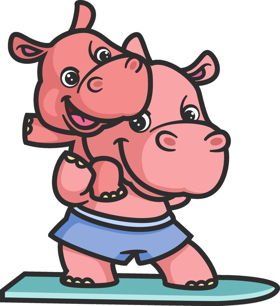 cartoon hippo and baby hippo playing surfing vector