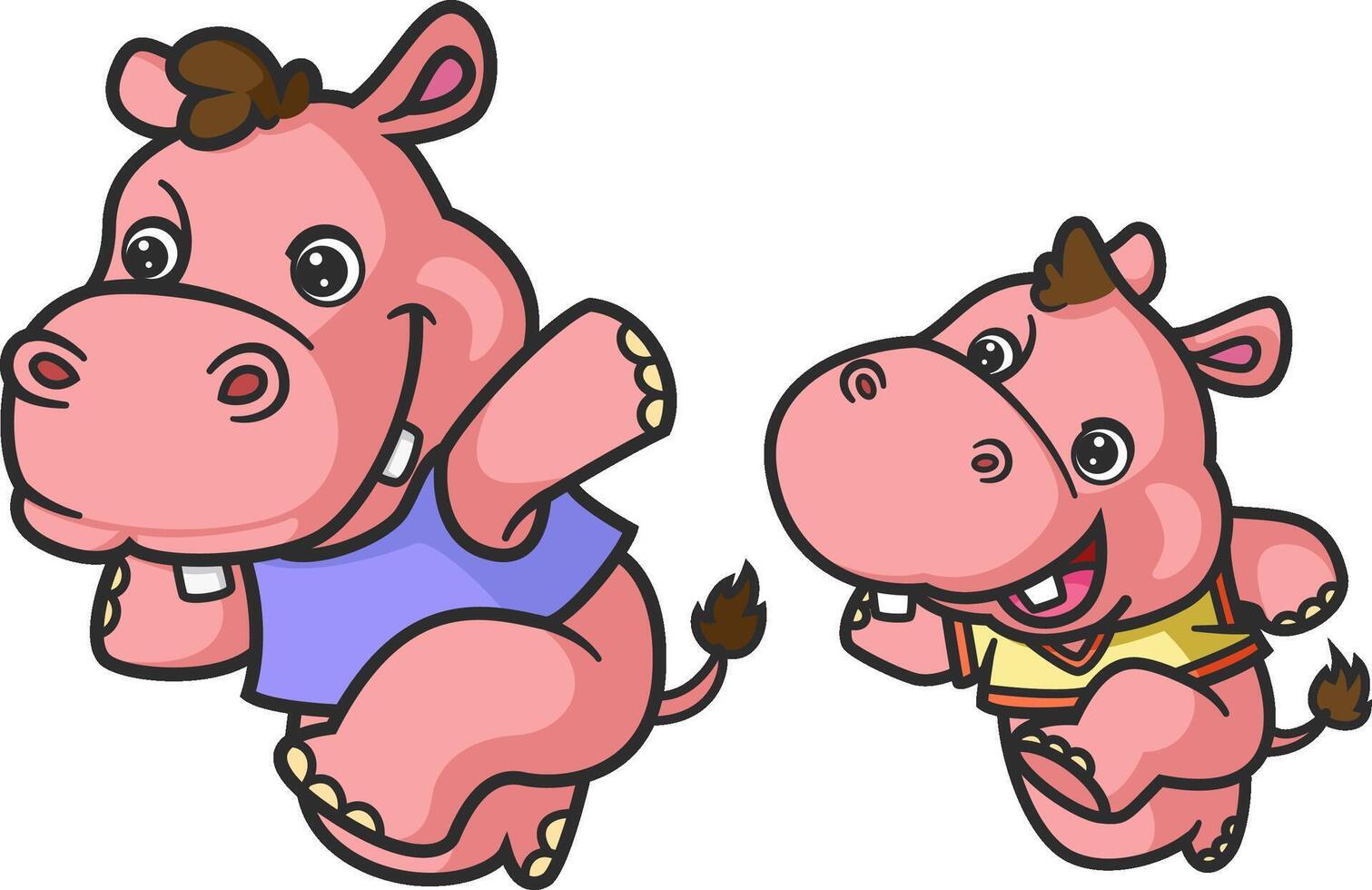 cartoon hippo and baby hippo doing running activity together vector