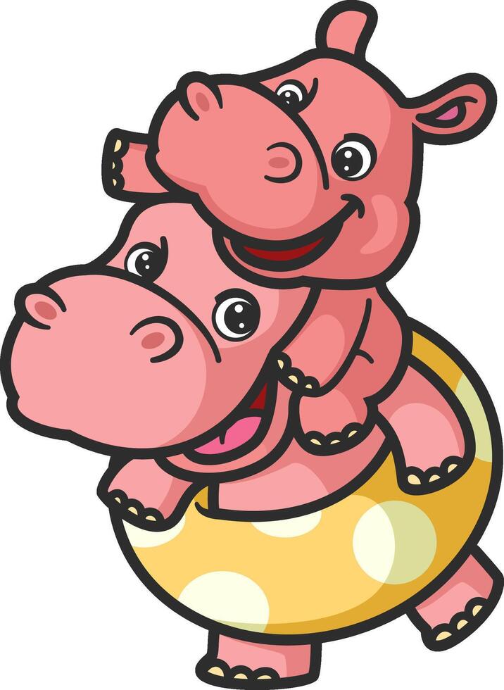 cartoon hippo and baby hippo playing ring ball and swimming vector