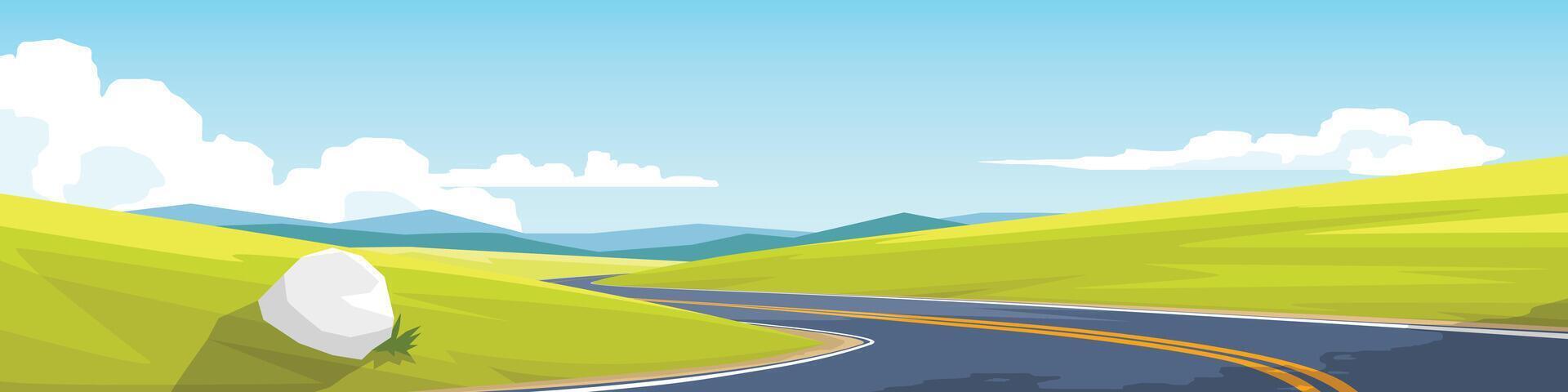 Horizontal view of beautiful asphalt road winding through hills and fields. Winding goal ahead. Transportation and nature background under blue sky for banner. or illustrati vector