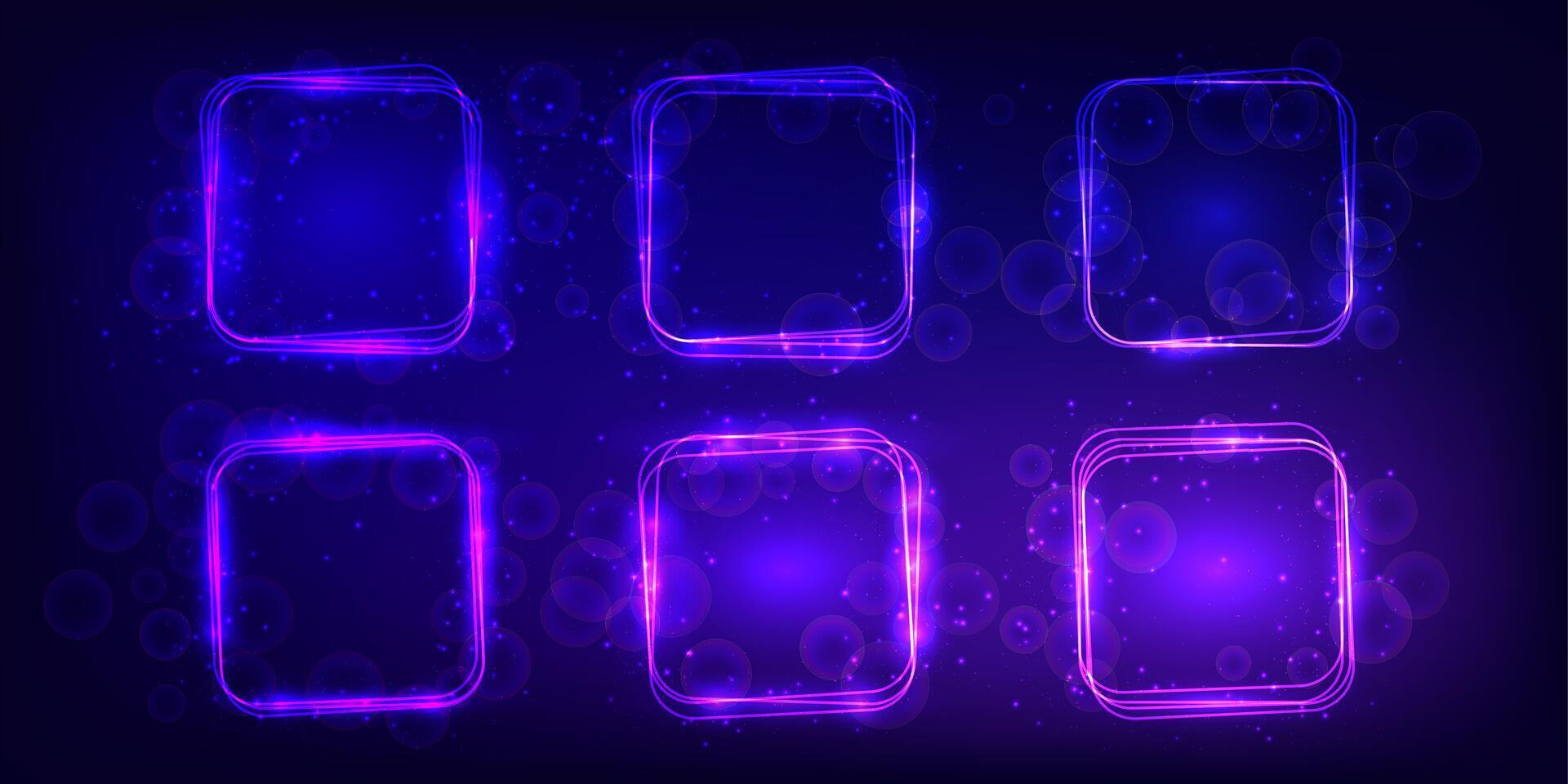 Neon rounded square frame with shining effects and sparkles vector