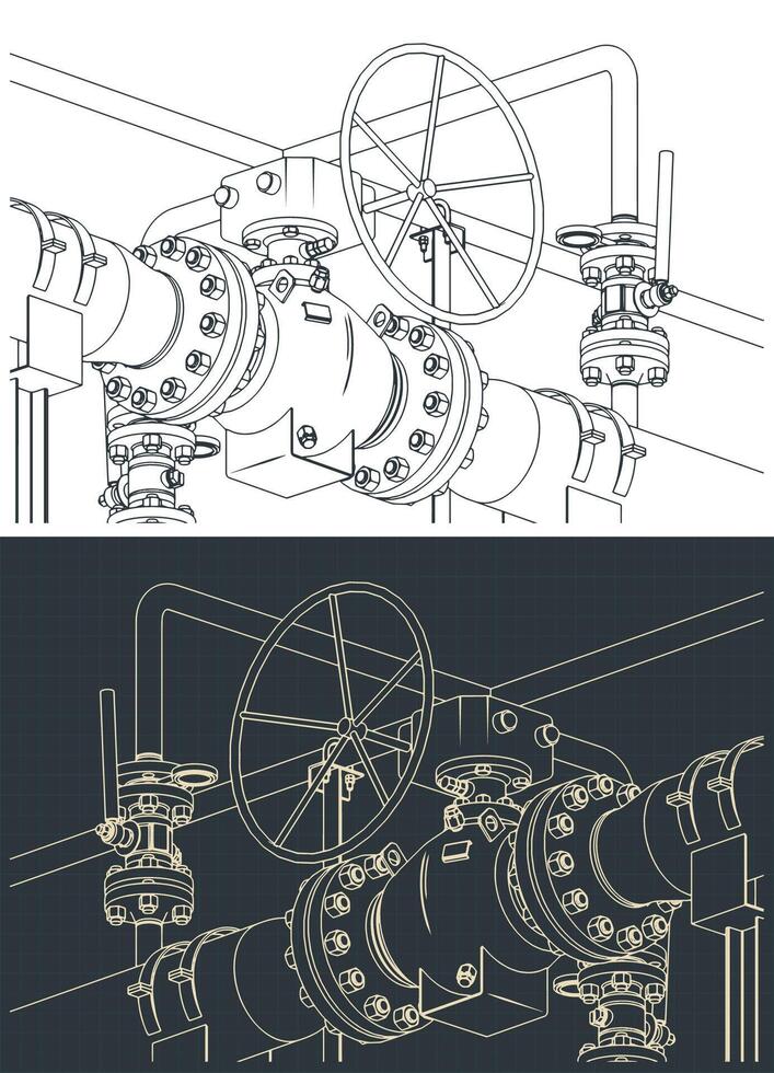 Natural gas metering skid close up drawings vector