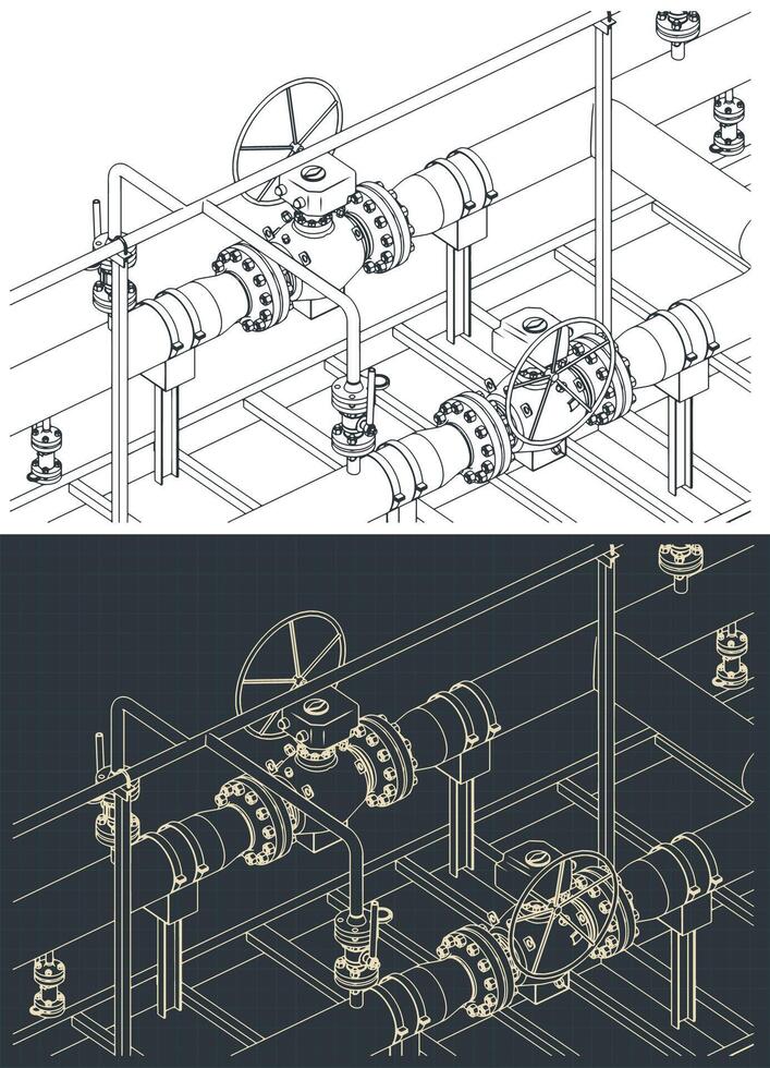Natural gas metering skid close-up isometric blueprints vector