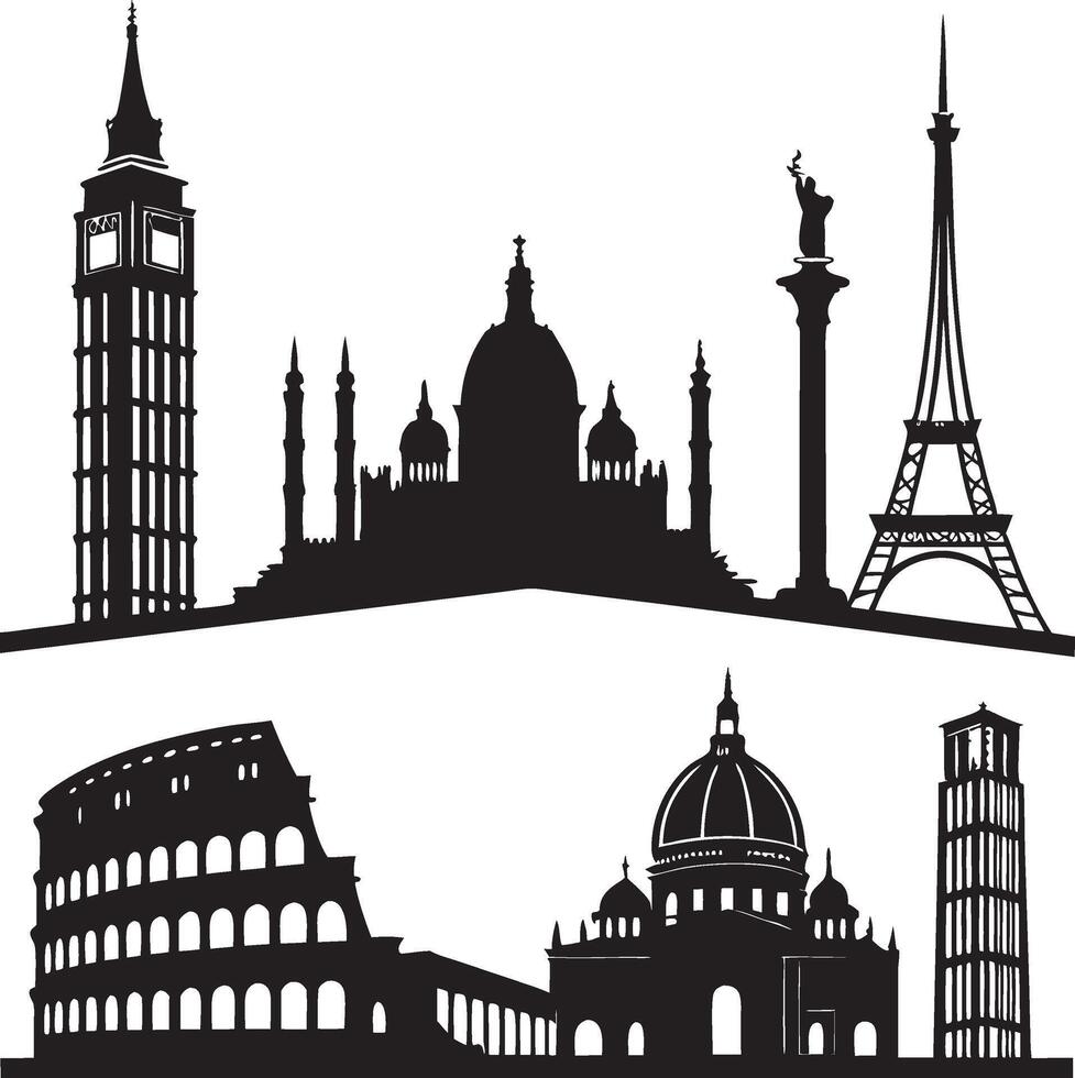 Silhouette of Legendary Landmarks Around the World vector