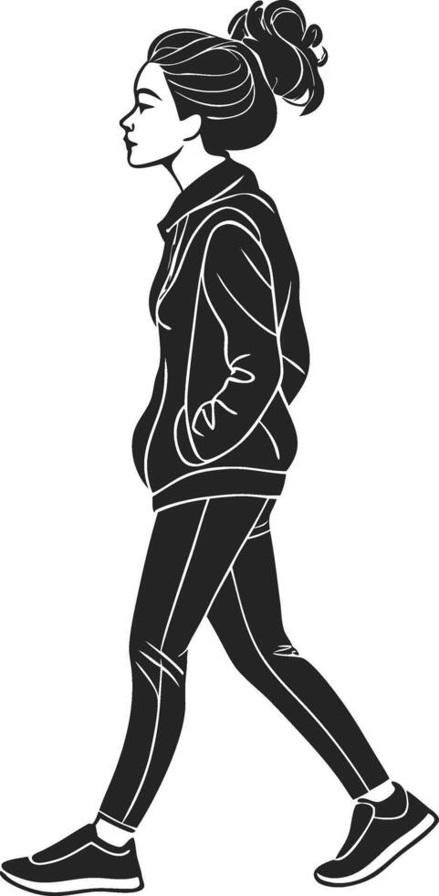 a woman walking in a hoodie and sneakers vector
