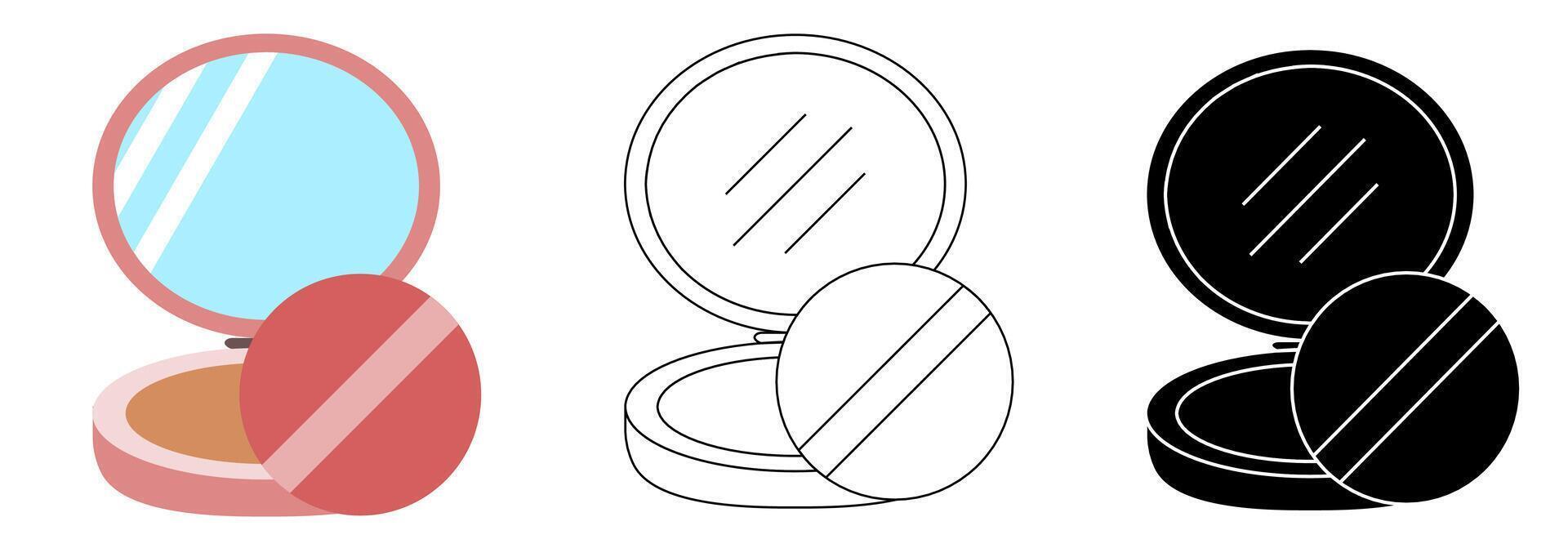 compact powder icon set color, black, and outline style for beauty product sign, symbol vector