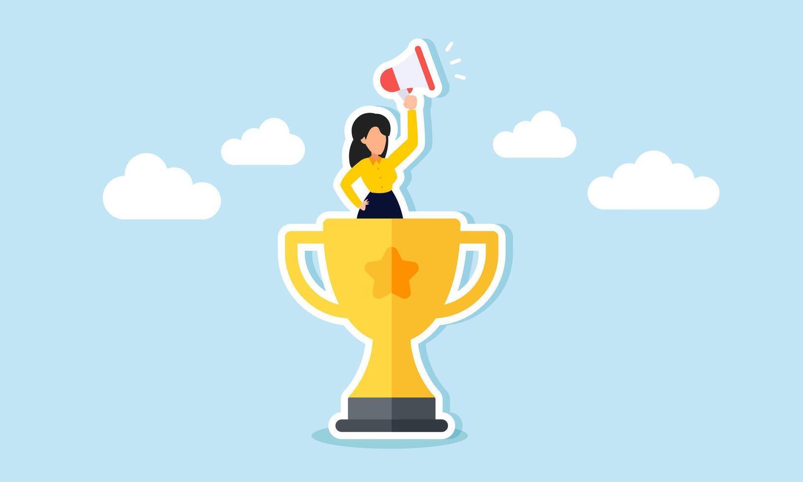 A businesswoman announcing something from atop a trophy by raising a megaphone, illustration of showing off as a leading company with achievements and success vector