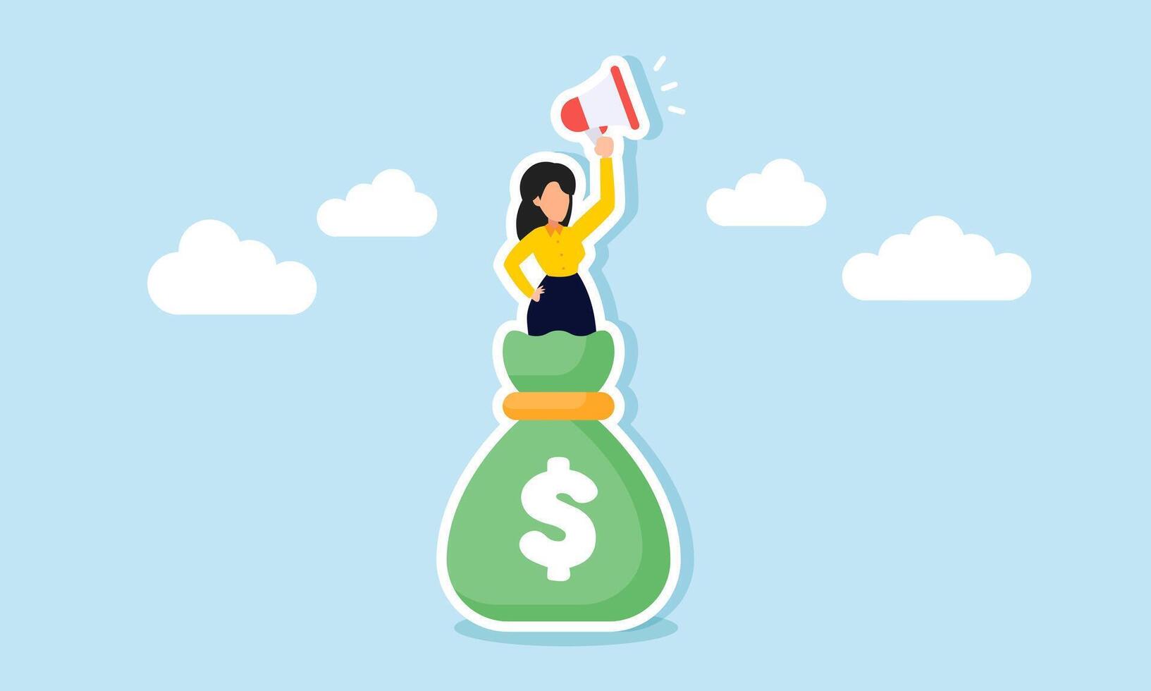 A businesswoman announcing something from atop a money bag by raising a megaphone, illustration of education in proper business financial management strategies vector