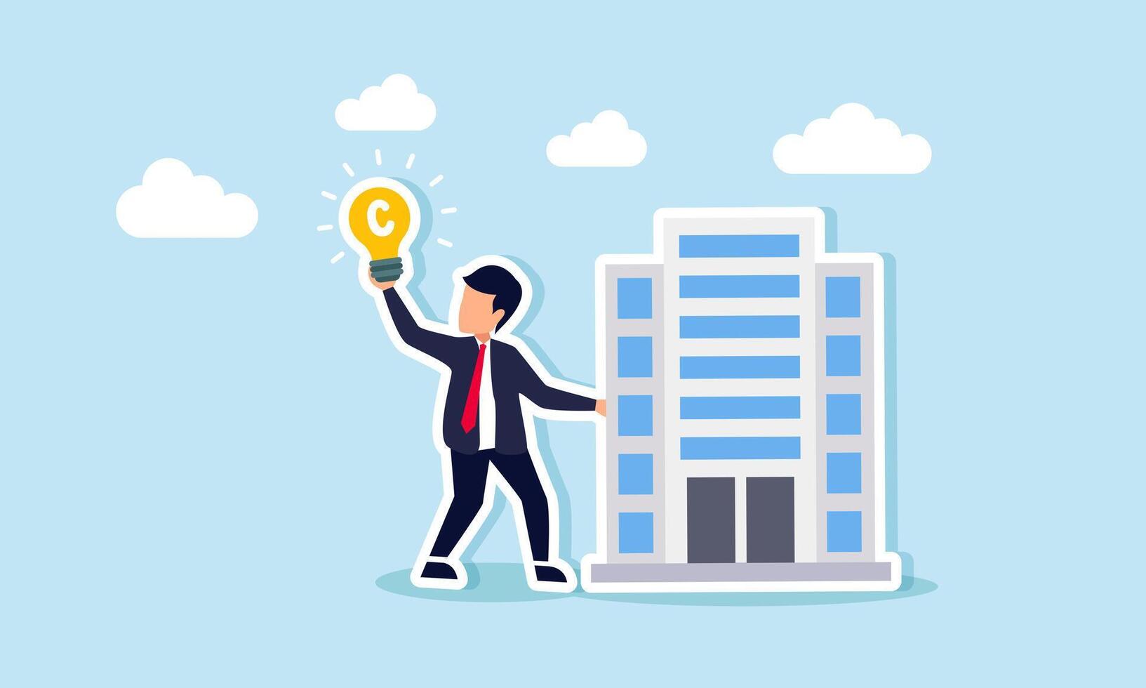 A businessman holding a building with his hand raised, showing a lamp labeled with the letter C, illustration of business legality with clear legal protection vector